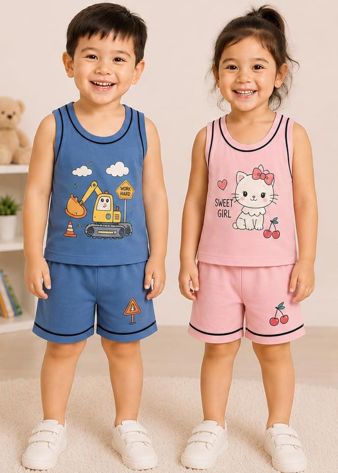 Kids Cotton Sleeveless Vest and Shorts Printed Set, Soft for Babies and Toddlers - Assorted Print and Color | 2 to 4 Years – image 2