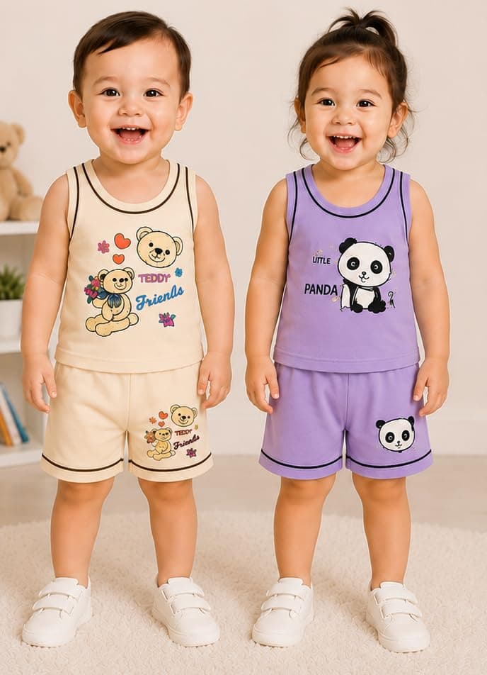 Kids Cotton Sleeveless Vest and Shorts Printed Set, Soft for Babies and Toddlers - Assorted Print and Color | 2 to 4 Years – image 3