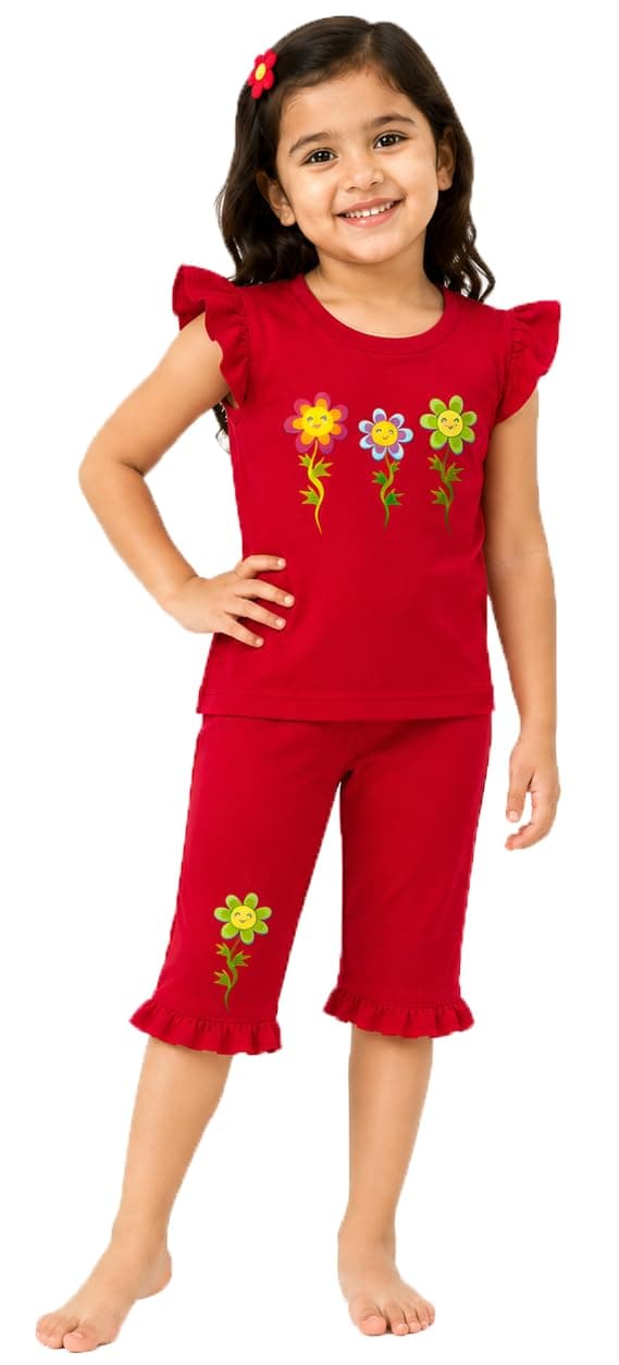 Girls 100% Cotton Bio-Washed Top & Capri Set | Soft, Breathable & Skin-Friendly | Casual Co-Ord Outfit | 2-7 Years
